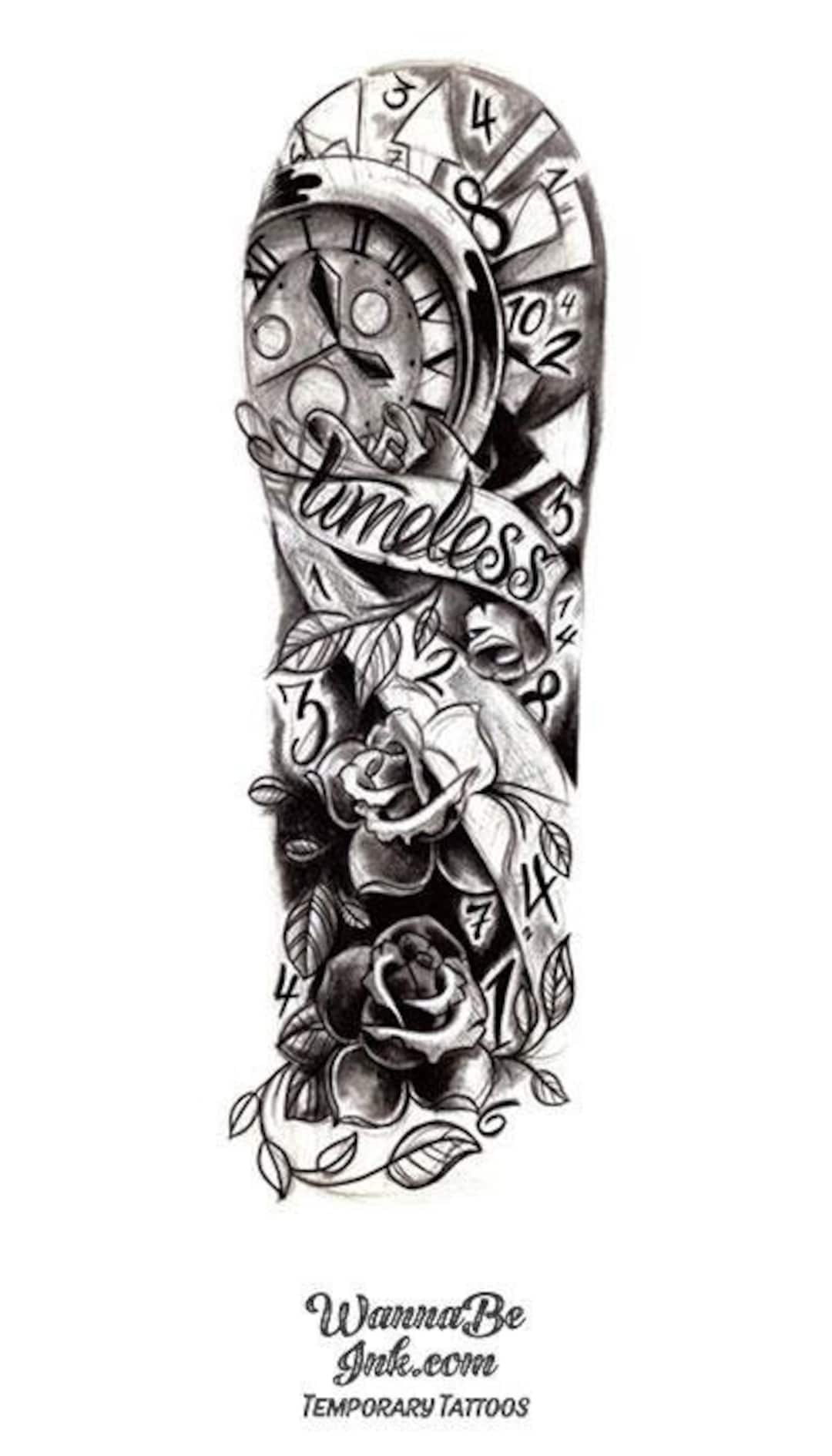Timeless Clock and Rose Temporary Sleeve Tattoos - Etsy Israel