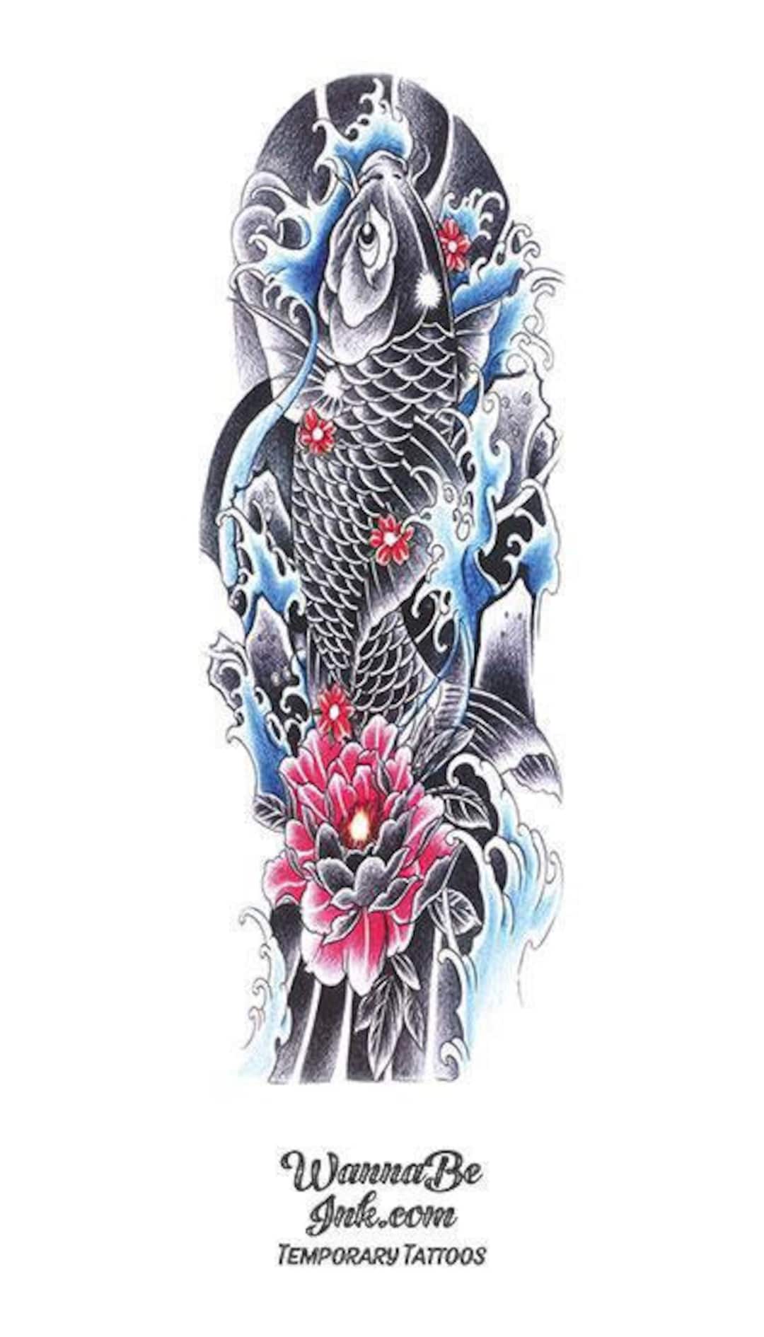 Black Koi Fish With Pink and Red Lotus Flowers Temporary - Etsy