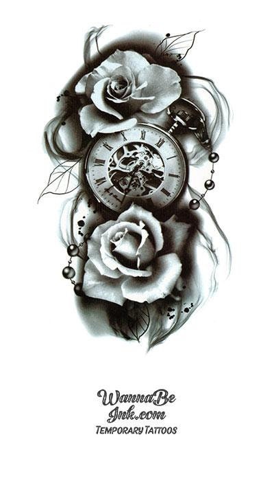 Flowers And Clock Tattoo Design Sample