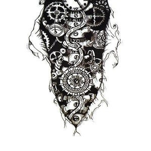 May include: Black and white temporary tattoo design featuring a clockwork mechanism with gears and cogs. The design is in the style of steampunk.