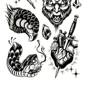 Może przedstawiać: Czarno-biała karta wzorów tatuażu z różnymi projektami, w tym diabłem, sercem z sztyletem, wężem, papugą, fajką i kryształem.