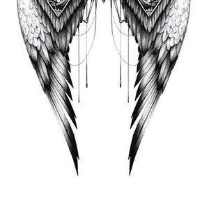 May include: Black and white temporary tattoo of a pair of angel wings with a compass design in the center.