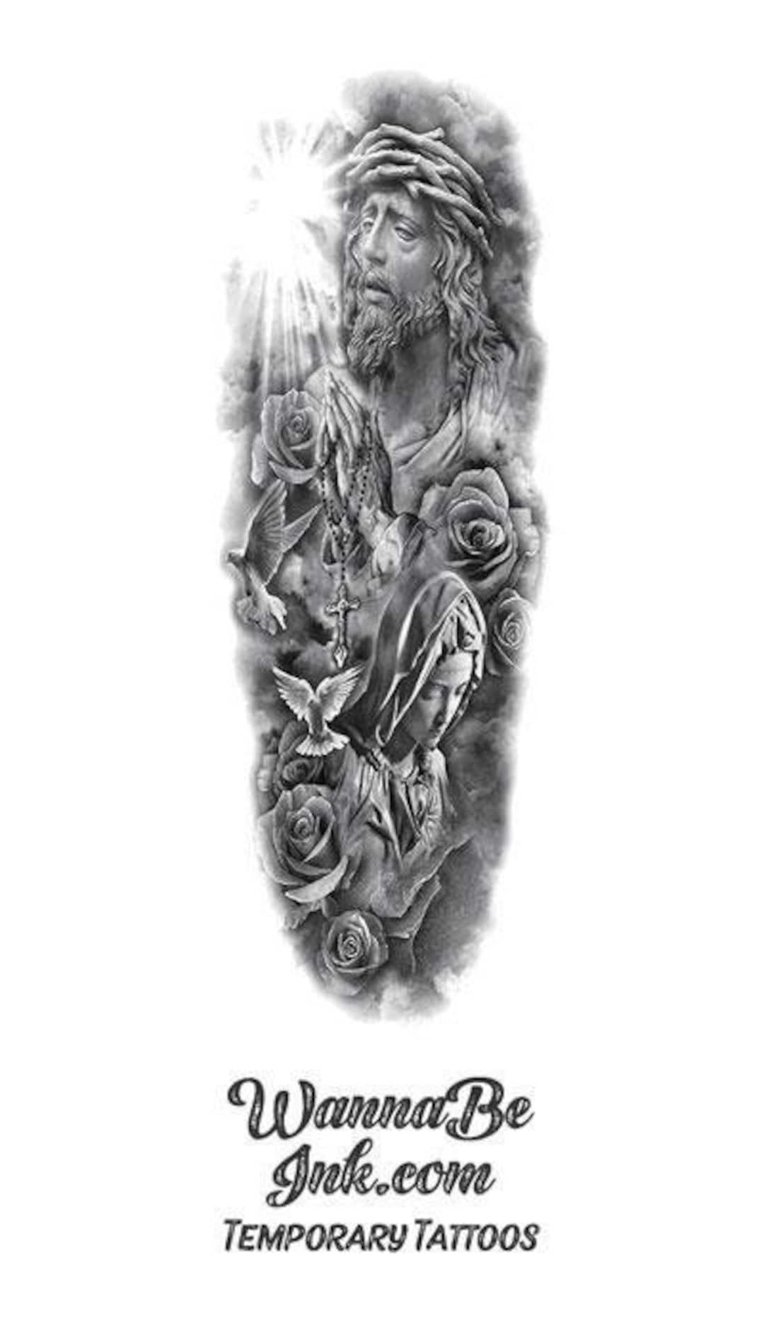 Jesus Christ Sun Burst Virgin Mary Rosary Roses Dove Temporary Sleeve  Tattoos - Etsy, image size:1080x1890