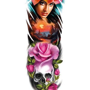 Beautiful Woman Rose Landscape Pink Roses Skull Temporary Sleeve Tattoos