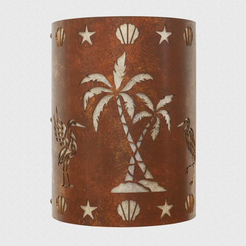 Nautical and Coastal style wall light for indoor and outdoor use featuring our cranes and palm tree design.