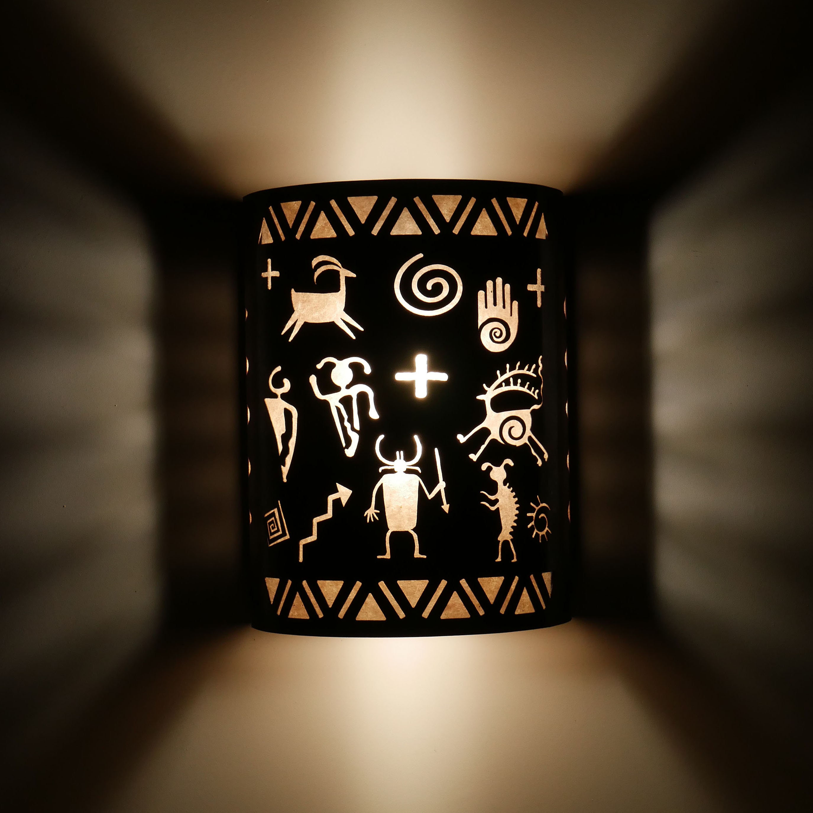 Southwestern Style Wall Light Fixture With Petroglyph Design Made