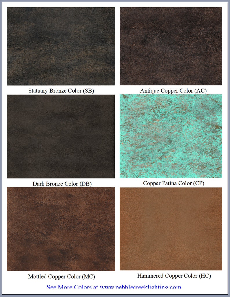 Here are 6 of the most popular colors. We have an additional 6 colors on our pebble creek lighting website that can be special ordered on Etsy using the information from the website.