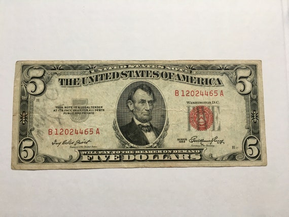 1953 Vintage Red Seal Five Dollar Bill Etsy UK 1953-vintage-red-seal-five-dollar-bill-etsy-uk
