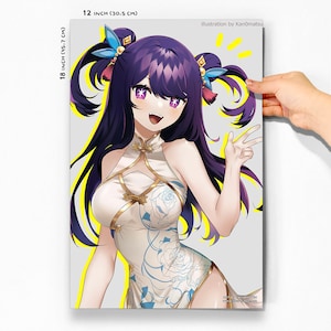 May include: An 18 x 12 inch poster featuring an anime-style illustration of a woman in a white and gold dress with blue floral accents. The character has purple hair and is making a peace sign. The illustration is by Kan0matsu.