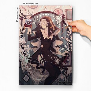 May include: A digital illustration of a person wearing a black and white nun's habit, holding a bottle with a diamond-shaped stopper. The person is surrounded by white flowers, a spider web, and a mirror with a cross and an eye symbol. The text "ART BY KAMOCHIRUU www.illustcafe.net" is at the bottom of the image.