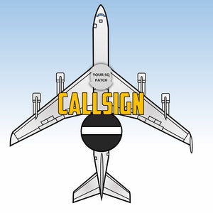 May include: A white airplane with a black and white circle on the bottom and the word "CALLSIGN" in yellow letters on the wings. The words "YOUR SQ PATCH" are written on a white circle on the top of the plane.