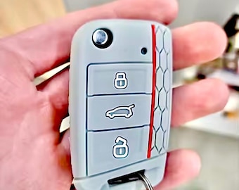 Funda para llave VW con diseño de panal: blanca, raya roja - Golf, Passat, Skoda