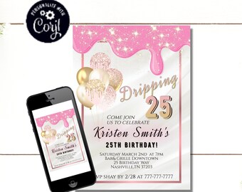 Glitter Drip Birthday Invitation: Pink & Black, Any Age (Printable)