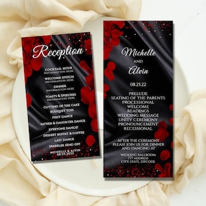 Programme de mariage rouge et noir. Faire-part de mariage rose rouge. Modèle de carte de réception de mariage. Carte de réception modifiable. Programme de mariage modifiable