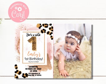 Wild One Birthday Invitation. 1st Birthday Invitation. Pink Cheetah Print Birthday Invite. Leopard Birthday Invite. Editable Invitation. 7x5