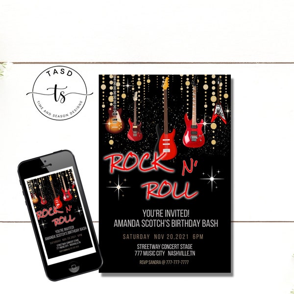 Rock n Roll Birthday Invitation. Rockstar Birthday Invitation. Printable Invitation for Kids and Teens. Digital Invitation. 4x6