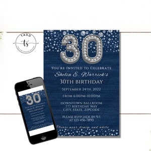 Thirty Birthday Invitation. Denim and Diamonds Invitation. 30th Birthday Invitation Template. Diamond Birthday Invite. Denim Thank You Cards