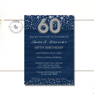 Sixty Birthday Invitation. Denim and Diamonds Invitation. 60th Birthday Invitation Template. Diamond Birthday Invite. Denim Thank You Cards.