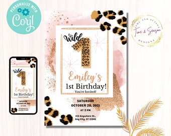 Wild One 1st Birthday Invitation, Pink Cheetah Print (Digital)