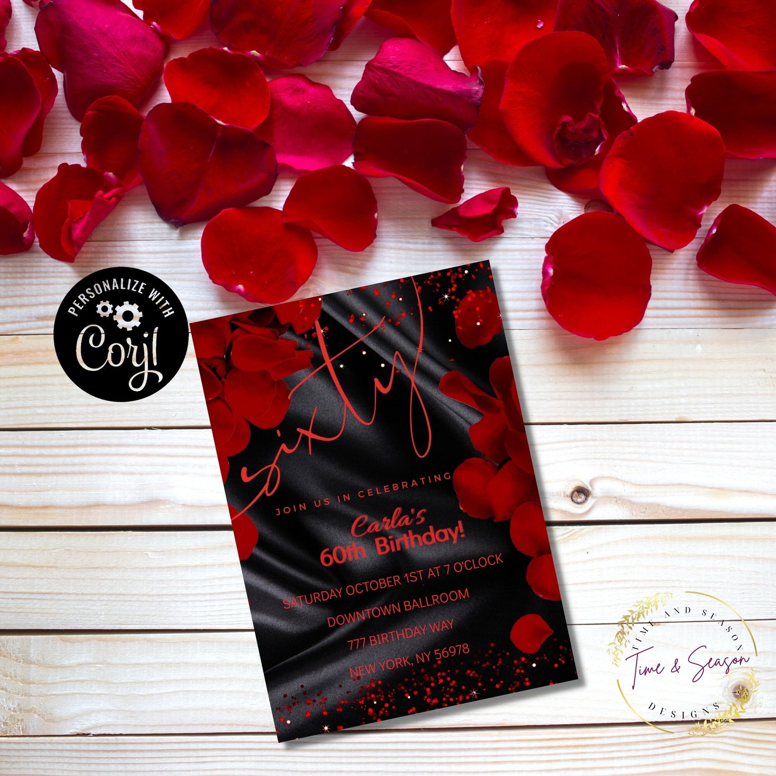 Sixty Birthday Invitation. 60th Birthday Invitation. Red and Black