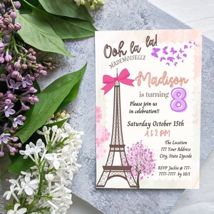 Paris Birthday Invitation. Eiffel Tower Invitation. Girl Birthday Invitation Printable. Editable and Digital Invitation. 5x7.