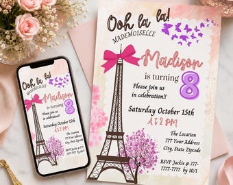 Eiffelturm-Geburtstags-Einladung: Paris Girl Party (bearbeitbar, digital, druckbar)