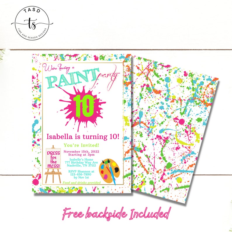 Paint Party Printable Invite. 10th Birthday Invitation. Art Party