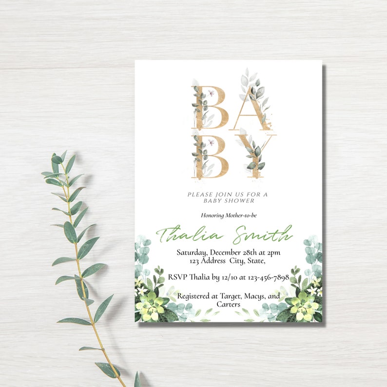 Eucalyptus Baby Shower Invitation. Greenery Baby Shower Template. Blue and Green Baby Shower