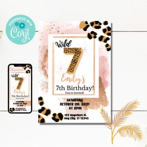 Wild 7th Birthday Invitation. Pink Cheetah Print Invitation. Leopard Birthday Invitation. Girl Printable Invitation. Instant Download.5x7