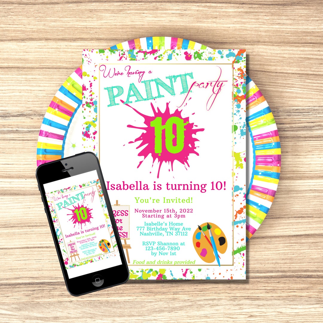 Paint Party Printable Invite. 10th Birthday Invitation. Art Party