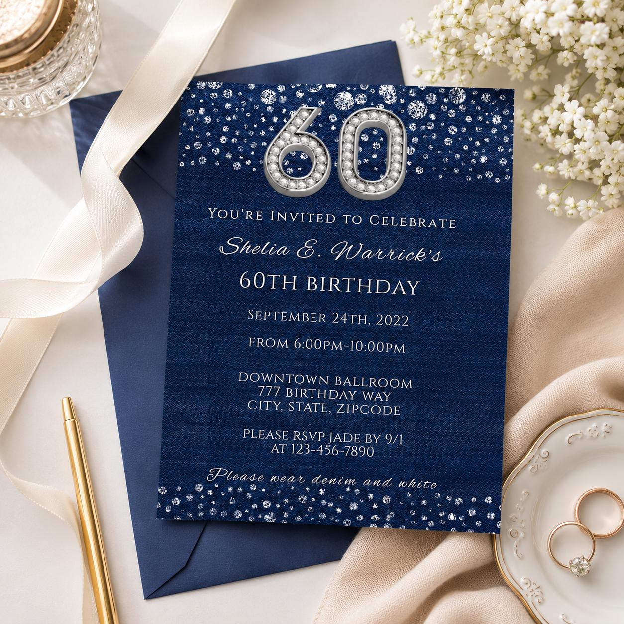 その他 Invitation Denim & Diamonds 60th Birthday Invitation Template (digital) - Etsy