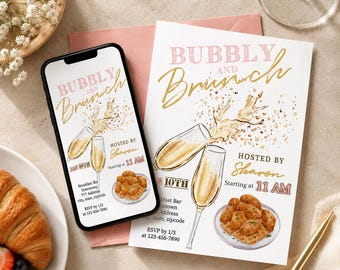 Brunch and Bubbly Invitation Template. Editable Digital Printable