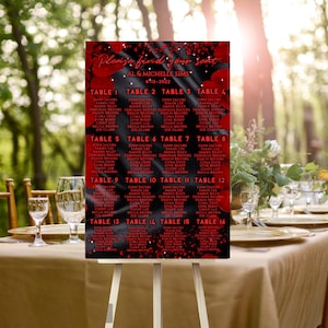 Disposition des sièges pour mariage. Signe de mariage rouge et noir. Plan de la salle de réception. Insertion de carte-cadeau de mariage. Modèle de mariage modifiable.