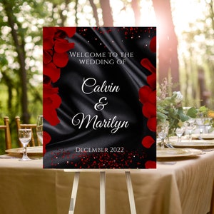 Descargar póster rojo y negro. Letrero de boda rojo y negro. Póster de rosa roja. Plantilla editable de letrero de bienvenida de cumpleaños. 20 x 30, 16 x 20