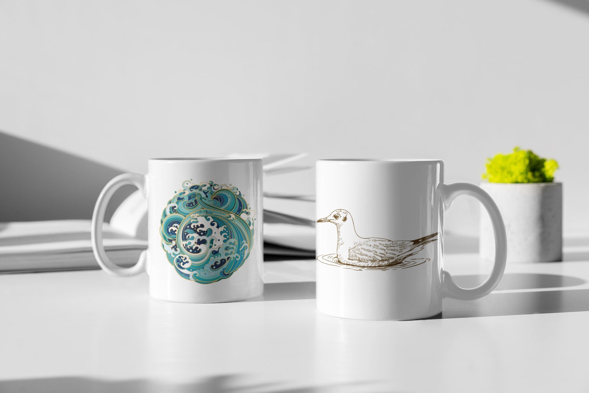 Mug Personnalisé en Céramique Mouette Mandala Vagues Océan