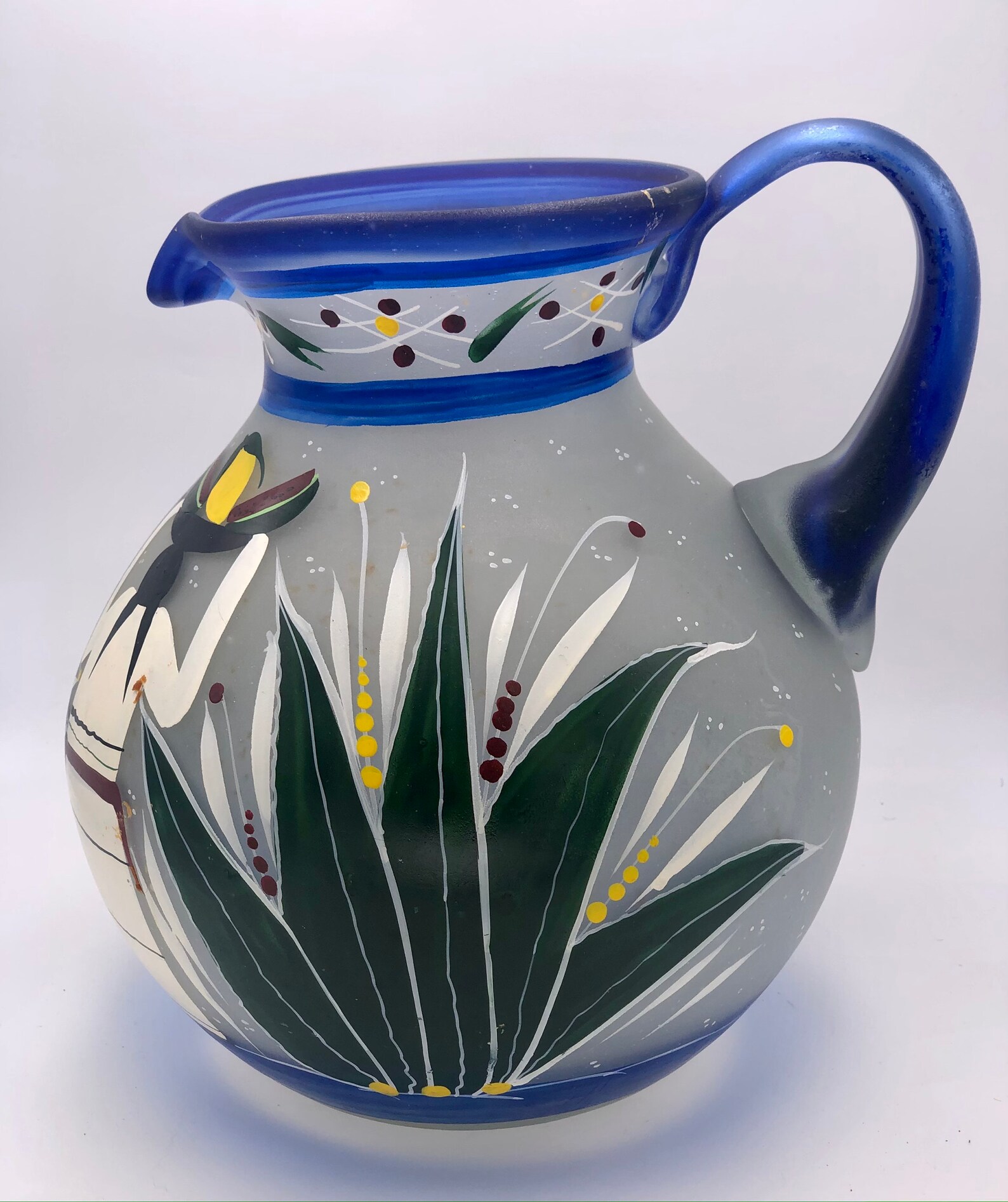Mexican Glass Hand Painted Pitcher Etsy