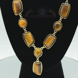 Tiger&#39;s Eye Necklace, Crystal Healing Necklace, Gold Toned, Gold Toned Necklace, Statement Necklace, Tiger&#39;s Eye, Geometric, Choker, Heal