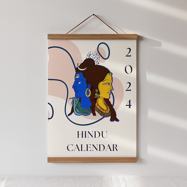 Hindoe-kalender 2024 met alle Hindoe-festivaldata en maanfasen, Indiase kalender Hindoeïsme, Hindoegeschenk, afdrukbare kalender 2024 in het Engels