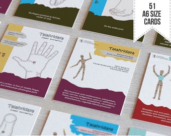 Könnte beinhalten: Ein Set aus 51 Karten im A6-Format mit anatomischen Illustrationen und Texten zu Talahridaya und anderen Druckpunkten. Jede Karte zeigt eine menschliche Figur oder ein Körperteil mit einem markierten Punkt, beschreibendem Text und farbigen Abschnitten in Gelb, Blau und Kastanienbraun.