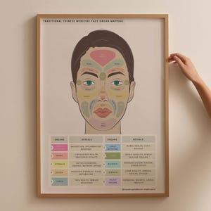 May include: A framed print titled "TRADITIONAL CHINESE MEDICINE FACE ORGAN MAPPING." The illustration shows a face with coloured zones linked to organs and health concerns. The print is in a light brown frame.