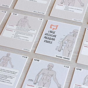 May include: A selection of white cards, each displaying illustrations of the human body and text. The cards show diagrams of meridian points, with the words "LARGE INTESTINE MERIDIAN POINTS" on one card.