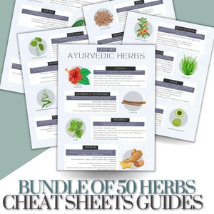 May include: A collection of 50 illustrated cheat sheets for Ayurvedic herbs. Each sheet features a colorful illustration of the herb, its name, and a list of its benefits. The title "List of Ayurvedic Herbs" is at the top of the page.
