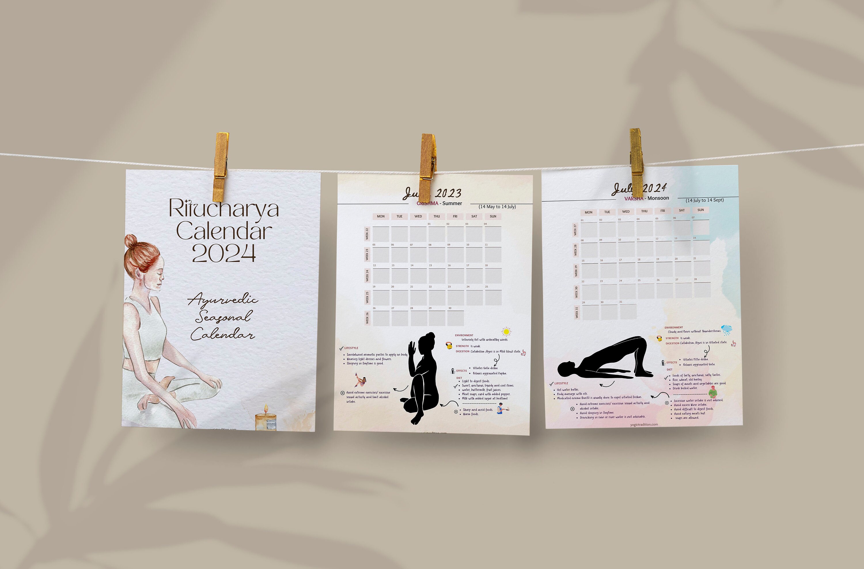 Ritucharya Ayurveda Printable Calendar 2024 Watercolor Style, Seasonal