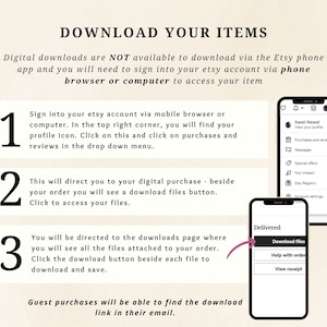 May include: A white and pink graphic with instructions on how to download digital items purchased on Etsy. The graphic includes a screenshot of the Etsy app showing the "Purchases and reviews" section and a screenshot of the "Download files" section.