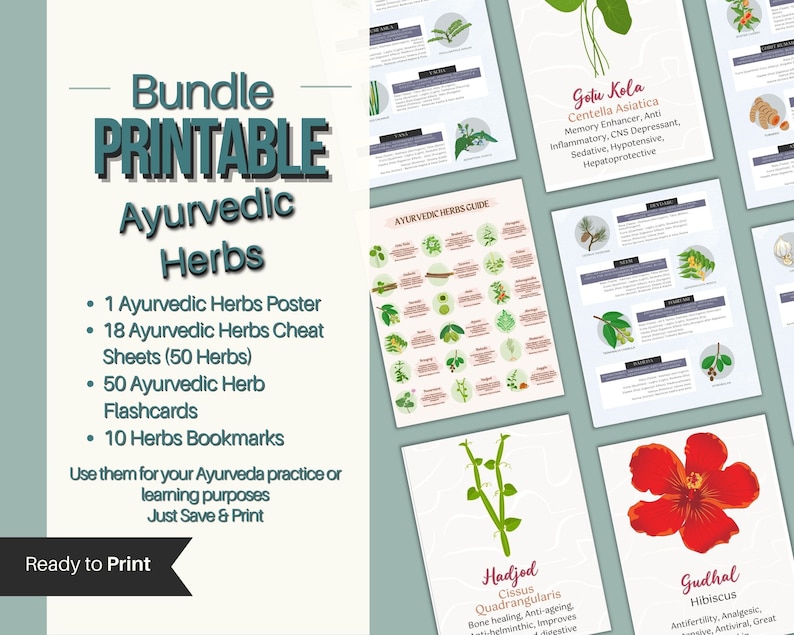 Bundle of Printable Ayurvedic Herbs Cheat Sheets Ayurveda Herbs Flash ...