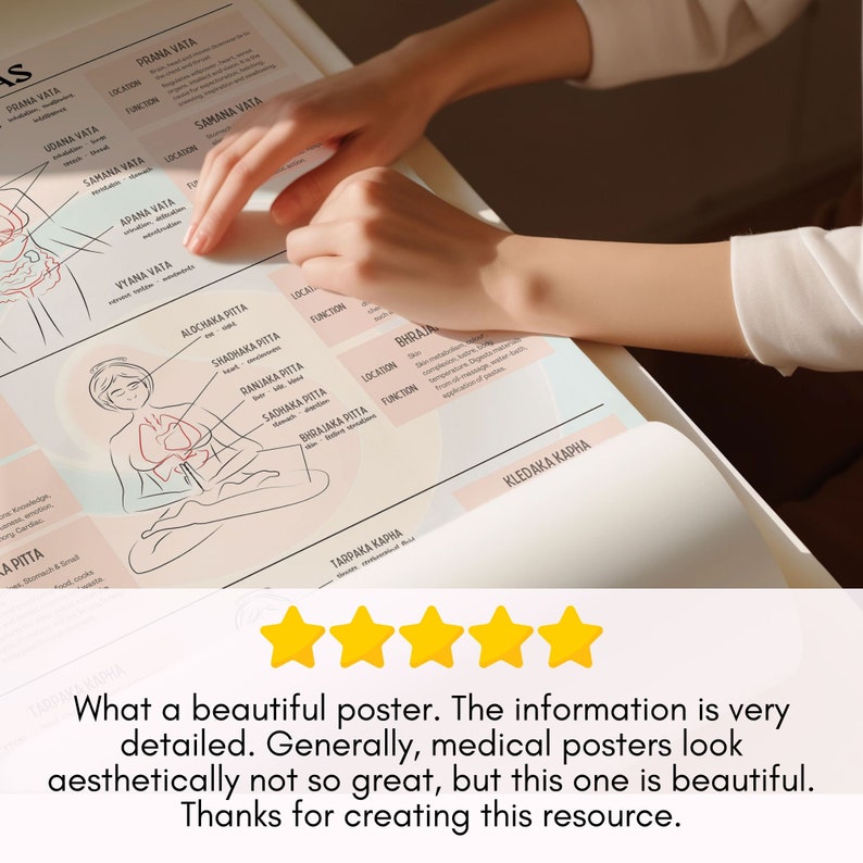 May include: A colorful illustrated poster with a detailed diagram of the human body, showing the location and function of the different doshas and chakras in Ayurveda. The poster is titled "Doshas and Chakras" and features a person sitting in a yoga pose.