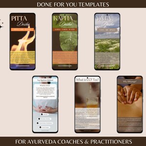 May include: A collection of six phone screen templates for Ayurveda coaches and practitioners. The templates feature images and text related to the three doshas: Pitta, Kapha, and Vata. The templates also include information about CCF tea and Abhyanga.