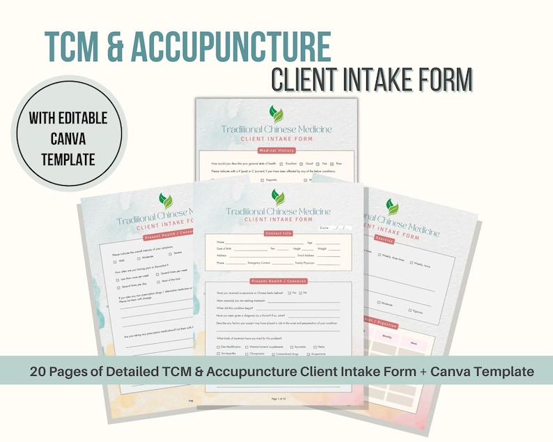 TCM and Accupuncture Client Intake Form PDF & Editable Canva Template TCM and Accupuncture Client Intake Form PDF & Editable Canva Template