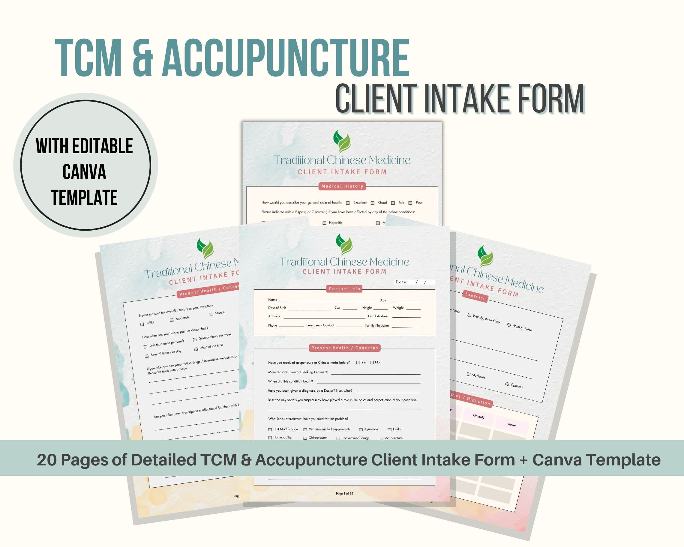 TCM and Accupuncture Client Intake Form PDF & Editable Canva Template