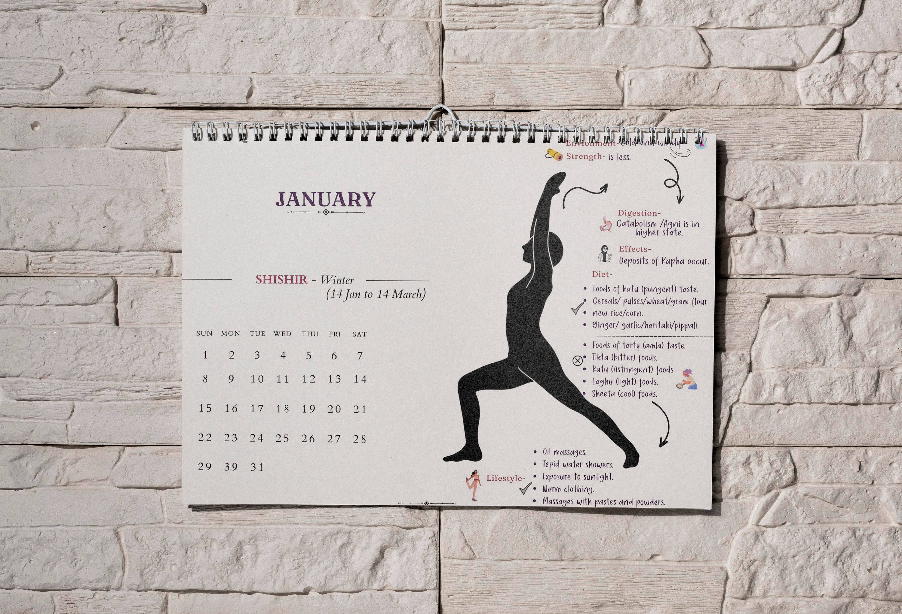 Ritucharya Ayurveda Printable Calendar 2023 and 2024 Minimal Style